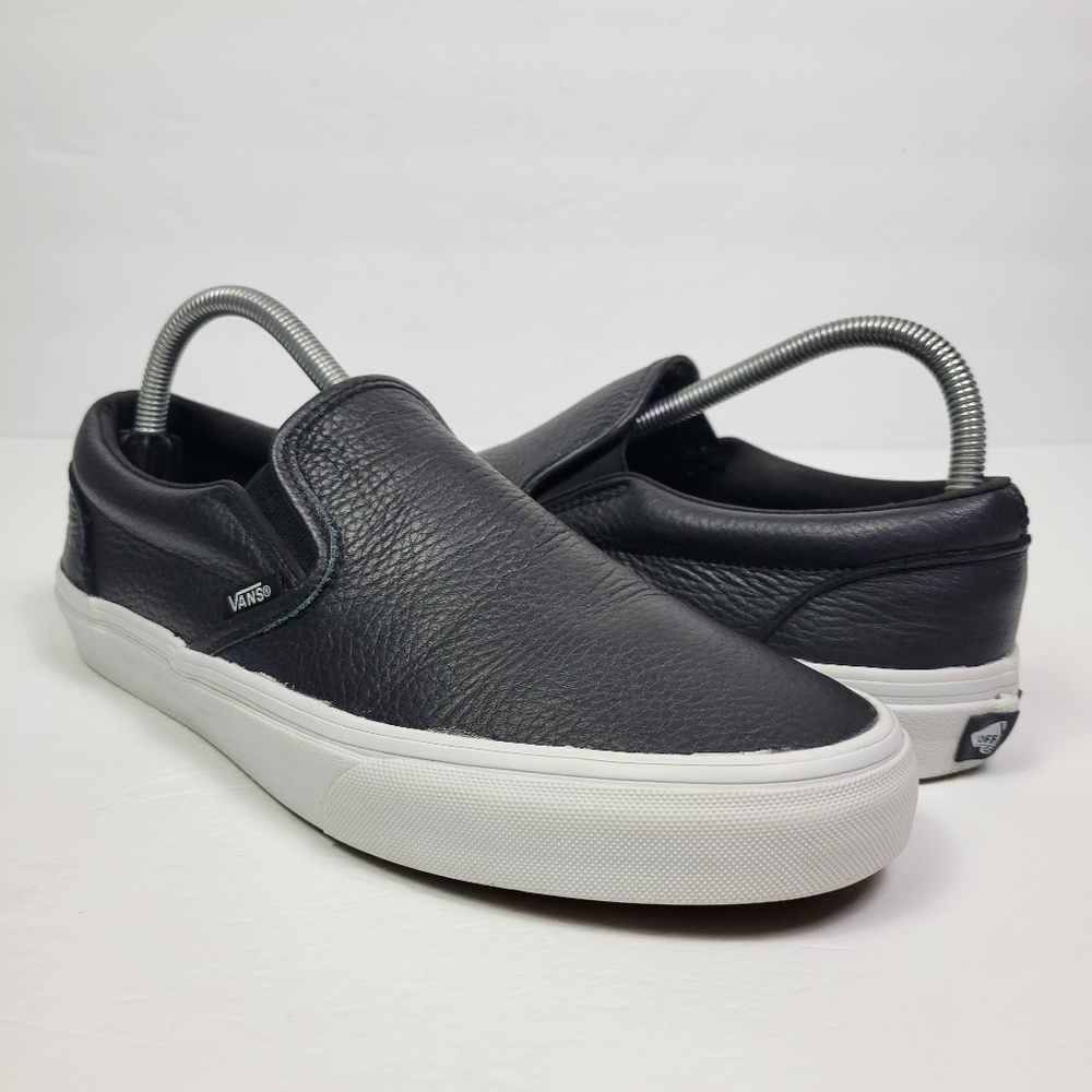 Vans Black Leather Slip-On Sneakers with White Sole